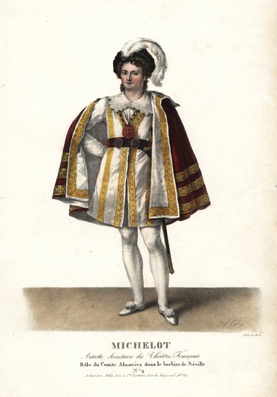 Skådespelaren Pierre Marie Nicolas Michelot som Comte Almaviva i Le Barbier de Seville av Pierre Beaumarchais, Theatre Français. Handkolorerad litografi av F. Noel efter en illustration av Alexandre-Marie Colin från Portraits d