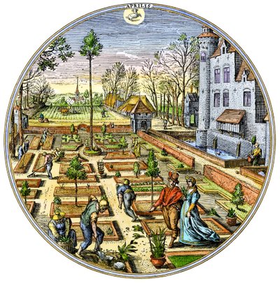 Jordbruk: Trädgårdsarbete i en europeisk köksträdgård i början av våren omkring 1590 Färggravyr från 1500-talet av Unbekannter Künstler