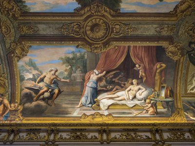 Allegorie du Feu som representerar Jupiter och Semele, Ludvig XIII (1601-1643) på besök hos Anne av Österrike (1601-1666) (befruktning av Ludvig XIV). Målning av valvet i Galerie doree, av Francois Perrier (1594-1649) av Unbekannt