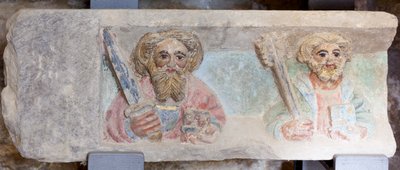 Altartavla. polykrom sten. Andra hälften av 1300-talet. Ursprung före detta församlingskyrka i Torre de Rialb. Detalj. Nedre register. Vänster panel. Evangelisterna Paul Peter. av Unbekannt