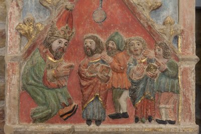Altartavla. polykrom sten. Andra hälften av 1300-talet. Ursprung före detta församlingskyrka i Torre de Rialb. Detalj. Mellanregistret. Vänster panel. Övre delen: Saints Iscle och Victoria med tjänstemännen. av Unbekannt