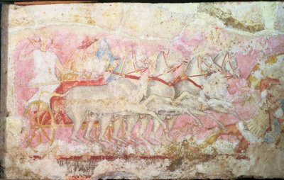 Amazoner som kör en vagn, detalj från sidan av Amazonas sarkofag, Tarquinia, 300-talet f.Kr. (tempera på alabaster) (detalj av 85168) av Unbekannt