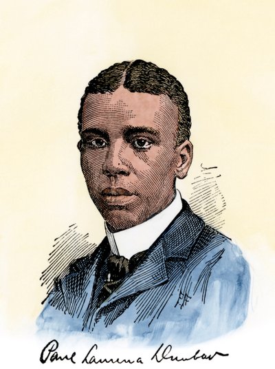 Den amerikanske poeten Paul Lawrence Dunbar (1872-1906), med hans autograf. Handkolorerat träsnitt av en 1800-talsillustration av Unbekannter Künstler