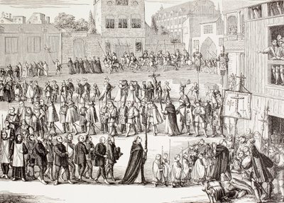 En Auto-da-fe, eller Act of Faith, procession i Spanien, efter en gravyr från 1400-talet, från "Military and Religious Life in the Middle Ages" av Paul Lacroix publicerad i London cirka 1880 av Unknown