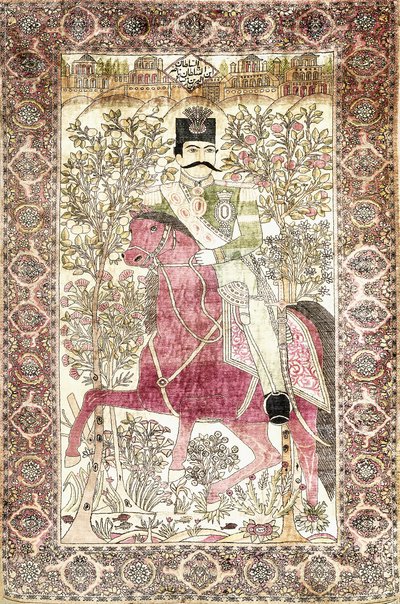 En antik siden Kashan "mochtasham" bildmatta, föreställande den monterade figuren av Naser al-Din Shah av Unbekannt