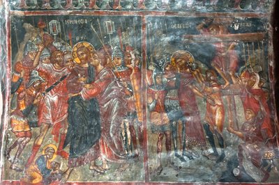 Forntida fresker; väggmålningar; kyss av Judas; Jesu korsfästelse; Panagia och Sotiras kyrka; grekisk ortodox kyrka; Roustika; Kreta; Grekland; Europa av Unbekannt