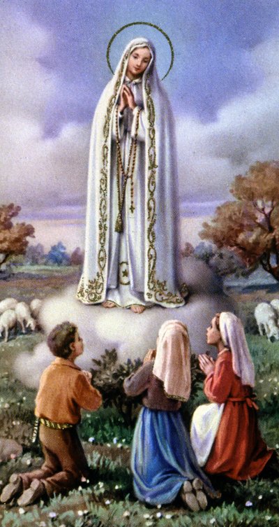 Jungfru Marias uppenbarelse för 3 små herdar i Fatima, Portugal (1917), ca 1920-30 (vykort) av Unbekannter Künstler