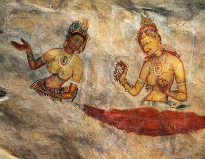 Apsaras, himmlische Nymphen, die Blumen anbieten, Fresko, befestigte Zitadelle von Sigiriya (UNESCO-Welterbeliste) von 