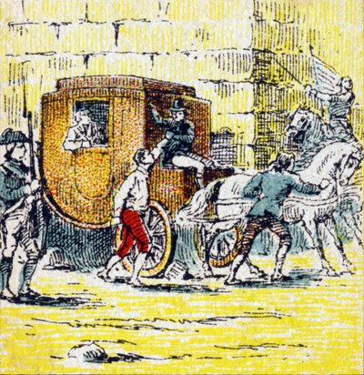 Gripande av Ludvig XVI och hans flyende familj i Varennes den 21 juni 1791. Gravyr i "Histoire de France". En serie reklambilder publicerade på uppdrag av Louit, 24 rue d