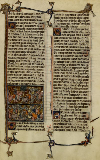 Arthurlegenden (jakten på den heliga graalen) : Benoic jagar saxare och slaget vid Danablaise är två illuminationer från manuskriptet History of Merlin, från 1200-talet mellan 1280-1290 av Unbekannter Künstler