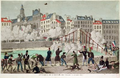 Attack av rådhuset i Paris och slaget vid bron i Arcola, 28 juli 1830 (gravyr) av Unbekannter Künstler
