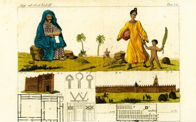 Auguste Rene Caillie 1 låtsas studera Koranen för att skissa moskén i Timbuktu, Mali, 3, med kvinna i bomullsrock och naket barn med palmblad 2 av Unbekannt