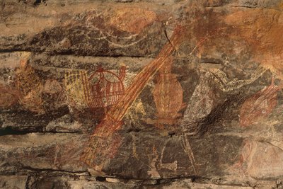 Australien, Northern Territory, Arnhem Land, Kakadu National Park, Obiri Rock, Aboriginal klippmålningar av Benjamin Baud