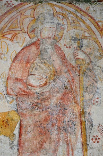 Avy, Kyrkan Notre Dame. Muralmålning från 1300-talet (Jungfrun och barnet omringade, dyrkade av peleriner som åtföljs av sina heliga beskyddare) av Unbekannter Künstler