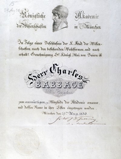 Babbage Hedersdiplom tilldelas Charles Babbage av Unbekannt
