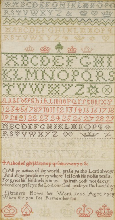 Bandsampler med alfabet, siffror och en vers, arbetad av Elizabeth Howe av Unbekannt