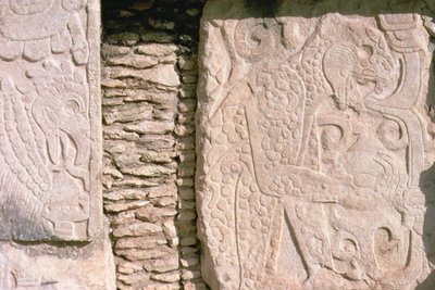 Basrelief som visar jaguarer som drar ut mänskliga hjärtan från offer (sten) av William M. Timlin