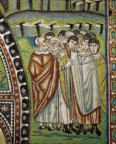 Basilica of San Vitale, Detalj av lunettemosaiker ovanför ingången till ambulatoriet som representerar Aarons ledare för tolv stammar i Israel, Ravenna, Emilia-Romagna, Italien av William M. Timlin