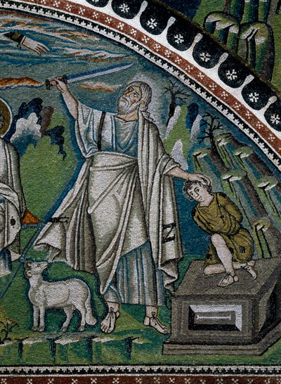 Basilica of San Vitale, Stories of Abraham, detalj av lunettemosaiker ovanför ingången till ambulatoriet som representerar Isaacs offer, Ravenna, Emilia-Romagna, Italien av Benjamin Baud