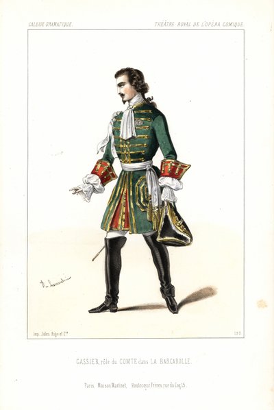 Basbarytonen Edouard Gassier i rollen som Comte i Aubers La Barcarolle, Opera Comique av Unbekannter Künstler