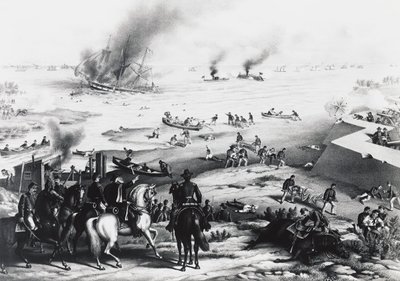 Battle of Hampton Roads eller Battle of Ironclads, USS Monitor och CSS Virginia (höger), 9 mars av William M. Timlin