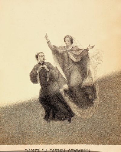 Beatrice, som pekar uppåt med sitt pekfinger, leder Dante genom Paradisos firmament. Deras kroppar lyses upp av en ljusstråle. Illustration av Canto I av Paradiso i Den gudomliga komedin av Dante Alighieri. Verk av Franceso Scaramuzza dedicerat till av Unbekannter Künstler