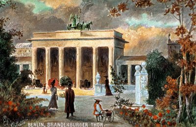 Berlin - Brandenburger Tor. Vy över Brandenburger Tor, med blommor och förbipasserande, slutet av 19/20-talet (tryck) av Unbekannter Künstler