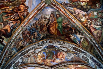 Bibliska scener, fresker (1700-talet) från valvet i St Bartolomeus-katedralen, Lipari, Eoliska öarna (UNESCOs världsarvslista, 2000), Sicilien, Italien. av Benjamin Baud