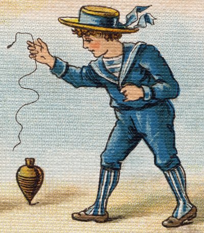 Pojke som spelar toppen. Gravyr i "Alphabet de ma petite fille". Bernardin-Bechet och Fils, bokhandlare-förlag, Paris, omkring 1895. Okrossbart album på duk. Bibliotheque des Bebes. 12 sidor. Album innehållande en läsmetod och en illustrativ abec av Unbekannt