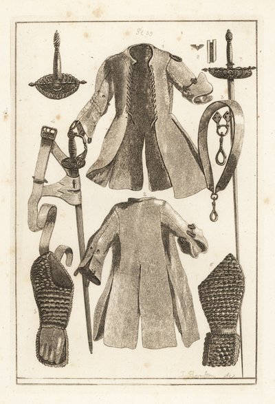 Buff coat 1,2, buff bälte 3, förgyllt silver svärdsfäste 4, buff armstycke och handske 5,6, toledo svärd 7, blad och skida 8, och stöd 9 av Unbekannt