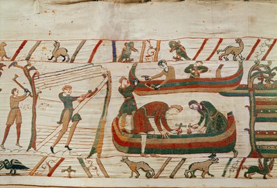 Bygga fartyg under order av hertig William, Bayeux Tapestry (ullbroderi på linne) av Unbekannt