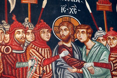 Bysantinsk fresk från 1400-talet Judas svek och arresteringen av Jesus Mikaels ärkeängelkyrka i Pedoulas Cypern Målade kyrkor UNESCO-plats Troodos, Cypern av Unbekannt