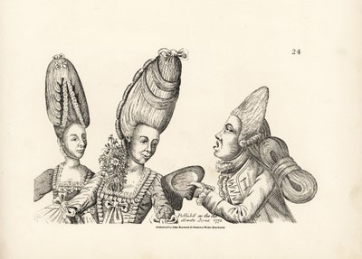 Karikatyr av modet i slutet av 1700-talet: kvinnor i höga peruker med en blomsterträdgård i bröstet och makaroner i hög peruk med en extravagant hårmassa som knutits baktill. Kopparstick efter en satirisk illustration av Timothy Bobbin (John av Unbekannter Künstler