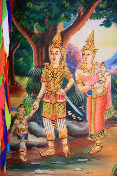 Takkonstverk som visar Buddhas liv. Wat Si Sou Mang Karam-templet. Vieng Vang. Laos, 20151102, Vieng Vang, Laos av Unbekannt