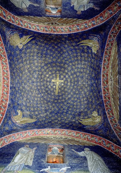 Mittvalv föreställande ett gyllene kors på en stjärnbeströdd himmel med apostlarnas attribut, 500-talet (mosaik) av Unbekannt