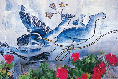 Kerub, azulejos plattor, Palace of Marquises of Fronteira, Lissabon, Portugal, Detalj av Benjamin Baud