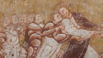 Kyrka (Église Saint-Martin). Interiör. Väggmålningar (fresk). Norra väggen i koret. Detalj. arrestering av Kristus. 1100-talet. av Unbekannt