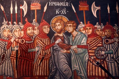 Ärkeängeln Mikaels kyrka. Fresk. Jesus Kristus arresterad, 20150510, Pedoulas, Cypern av Unbekannt