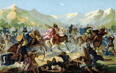 Clovis I (466-511), kung av frankerna, under slaget vid Tolbiac 496 mot den germanska stammen alamanerna, lovade att konvertera vid seger. Slutet av 1800-talet (kromolitografi) av Unbekannter Künstler