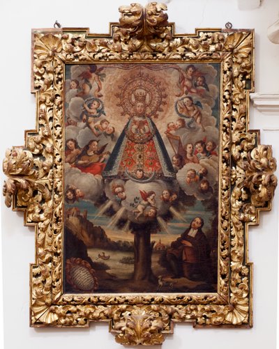 Kollegial kyrka. Inuti. Målning. (Our Lady of Hope). Text i en medaljong: "PORTRÄTT ALL THE MIL CROSA Imajen DNUESTRA S DL Esperanza A Liknande Fernando de ZILLLa Faña iezi rodela Villa Riue mde el Tajo ter mi?to esta villa". signerad? och av Unbekannt