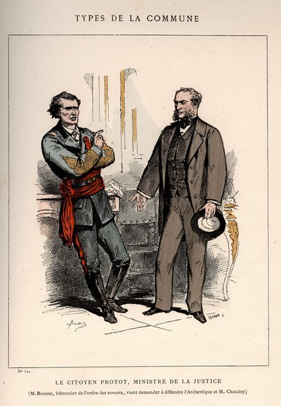 Paris Commune: kostym av LE CITIZEN PROTOT, JUSTITIEMINISTER och M.ROUSSE, BATONNER AV ORDEN DES AVOCATES, KOMMER ATT GÄLLA TILL DEFENSE L