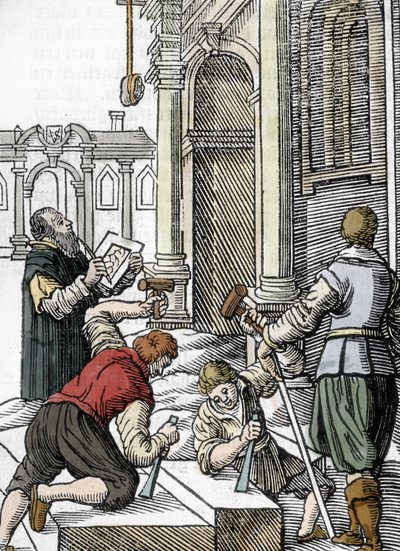 Konstruktion av en katedral, stenhuggare på 1200-talet (gravyr) av Unbekannter Künstler