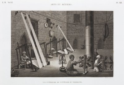 Bomull och silke, Weaving Weavers workshop, Egypten, ca 1798 av Unbekannt