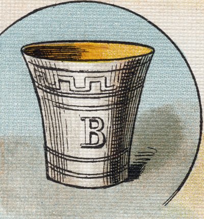 Cup . Gravyr i "Alphabet de ma petite fille". Bernardin-Bechet och Fils, bokhandlare-förlag, Paris, omkring 1895. Okrossbart album på duk. Bibliotheque des Bebes. 12 sidor. Album innehållande en läsmetod och en illustrativ abecedary. Dim: 29, av Unbekannt