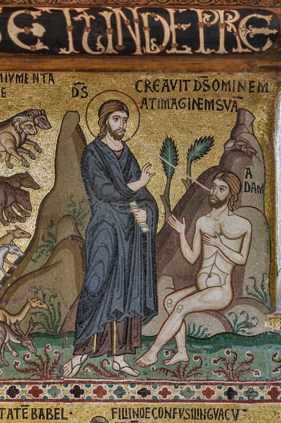 Mosaikcykel i Gamla testamentet, skapelsecykeln: "Adams skapelse", XII-talet, Palatinska kapellet, Kungliga palatset eller Palazzo dei Normanni (Normandernas palats), Palermo, Sicilien, Italien (foto) av Unbekannter Künstler