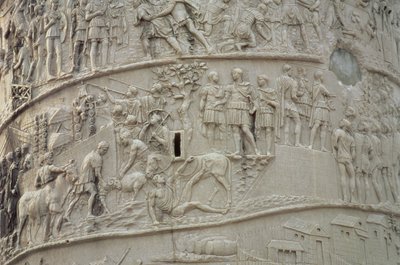 Dagligt liv i ett romerskt läger, från Trajanus kolumn, 200-talet e.Kr. (huggen sten) (detalj) av Unbekannt