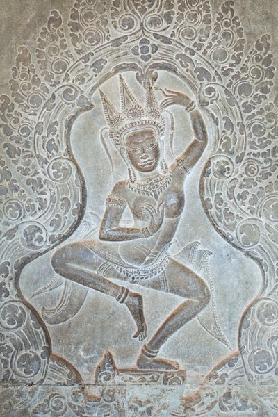 Dansande Apsara-relief på den yttre västra väggen, Angkor Wat, Kambodja (foto) av Unbekannter Künstler