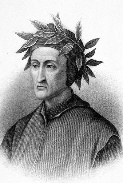 Dante Alighieri (1265-1321) italiensk författare (Den gudomliga komedin), här krönt med lagerkransar, gravyr av Unbekannter Künstler