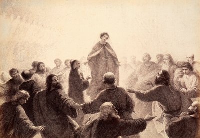 Dante och Beatrice är omringade av de vises andar som sjunger och dansar omkring dem. Illustration av Canto XIV i Paradiso i Den gudomliga komedin av Dante Alighieri. Verk av Franceso Scaramuzza tillägnat Florens kommun. av Unbekannter Künstler