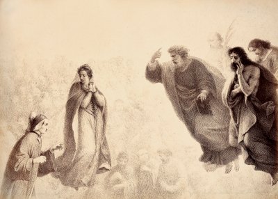 Dante och Beatrice framför apostlarna Petrus, Jakob och Johannes ljusa andar. Petrus har armen höjd i ett tecken på vrede. Illustration av Canto XXVII i Paradiso i Den gudomliga komedin av Dante Alighieri. Verk av Francesco Scaramuzza tillägnat av Unbekannter Künstler